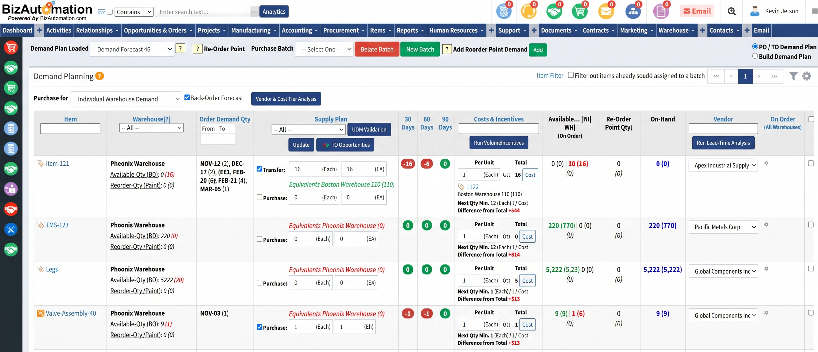 BizAutomation ERP Demand Planning and Supply Plan Screen with TO Opportunities, Vendor Cost Tier Analysis, and 30 60 90 Day Stockout Horizons