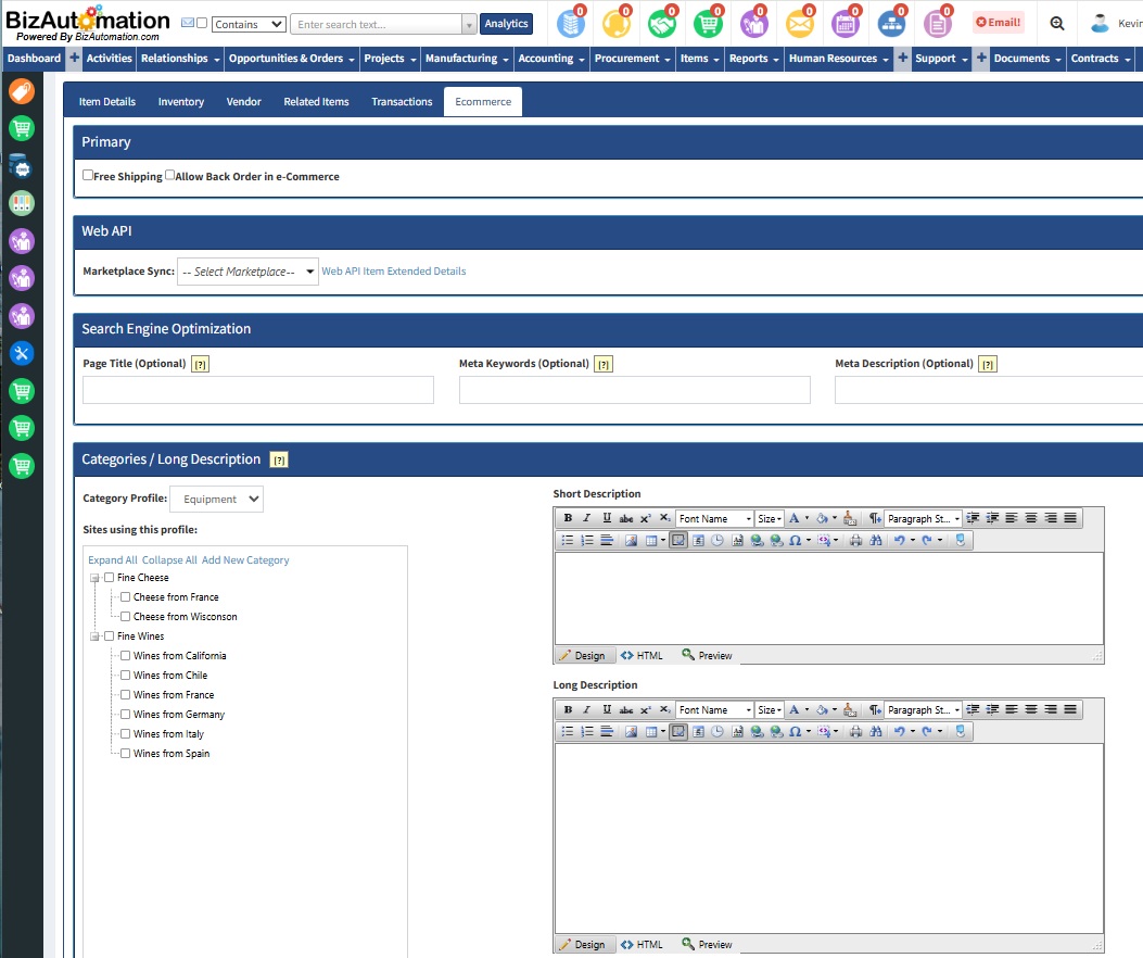 BizAutomation Cloud ERP Native Ecommerce Catalog Management System Interface