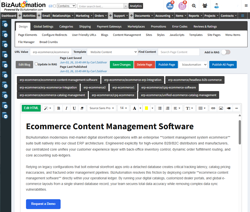 BizAutomation Cloud ERP Native Ecommerce Content Management Software Dashboard Interface