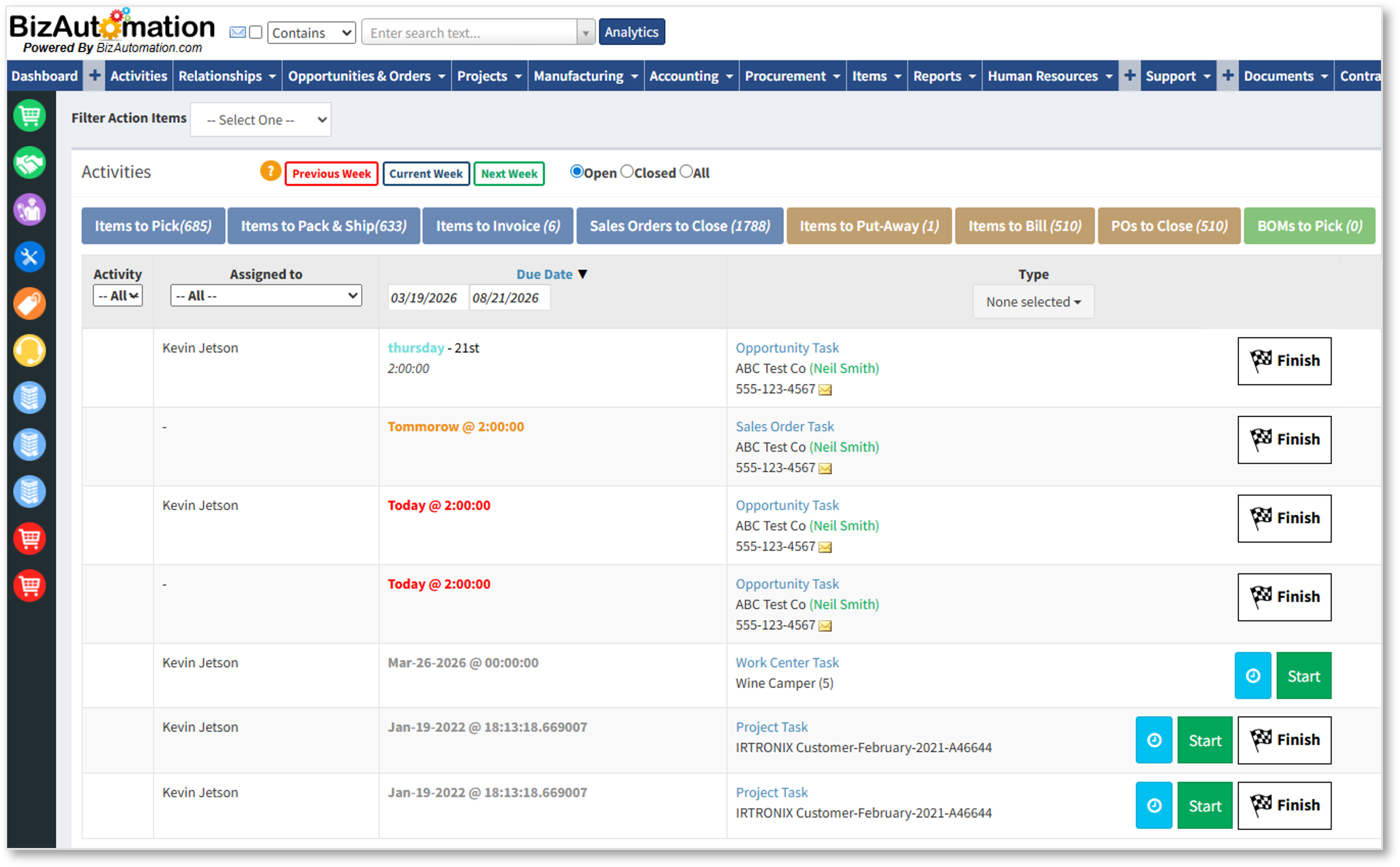 BizAutomation Activity Cockpit Operational Task Management Dashboard