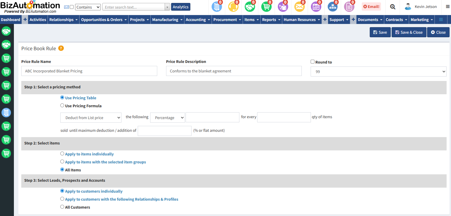 BizAutomation Matrix Pricing Book Rules and Custom Pricing Wizard