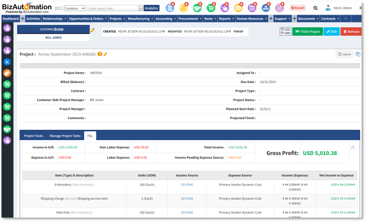 BizAutomation Project Accounting Software and Real Time Job Costing Ledger Dashboard