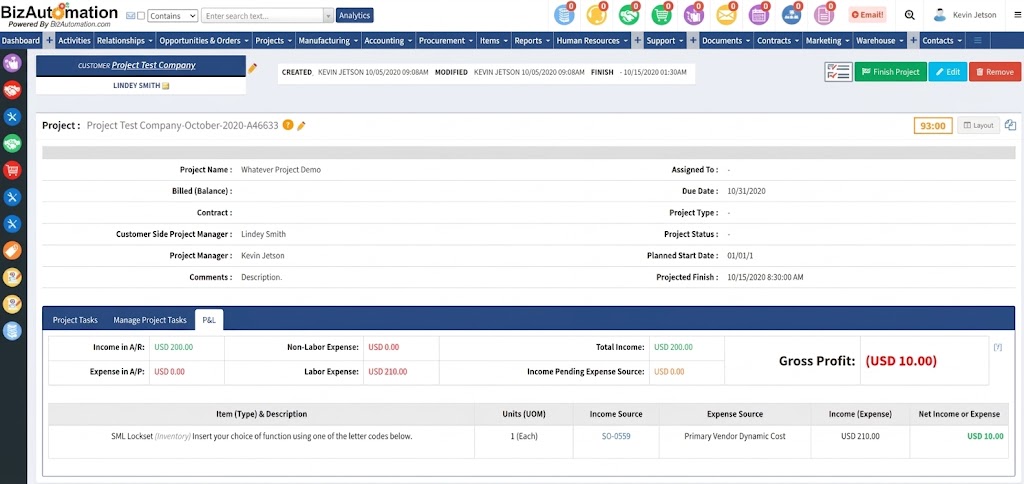BizAutomation Real-Time Project PNL Ledger and Job Costing Gross Profit Dashboard