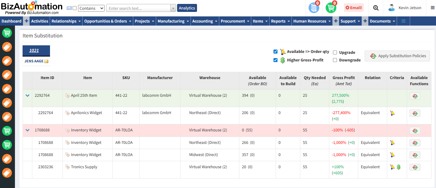 BizAutomation Sales Order Entry Alternative Product Substitution Grid Interface